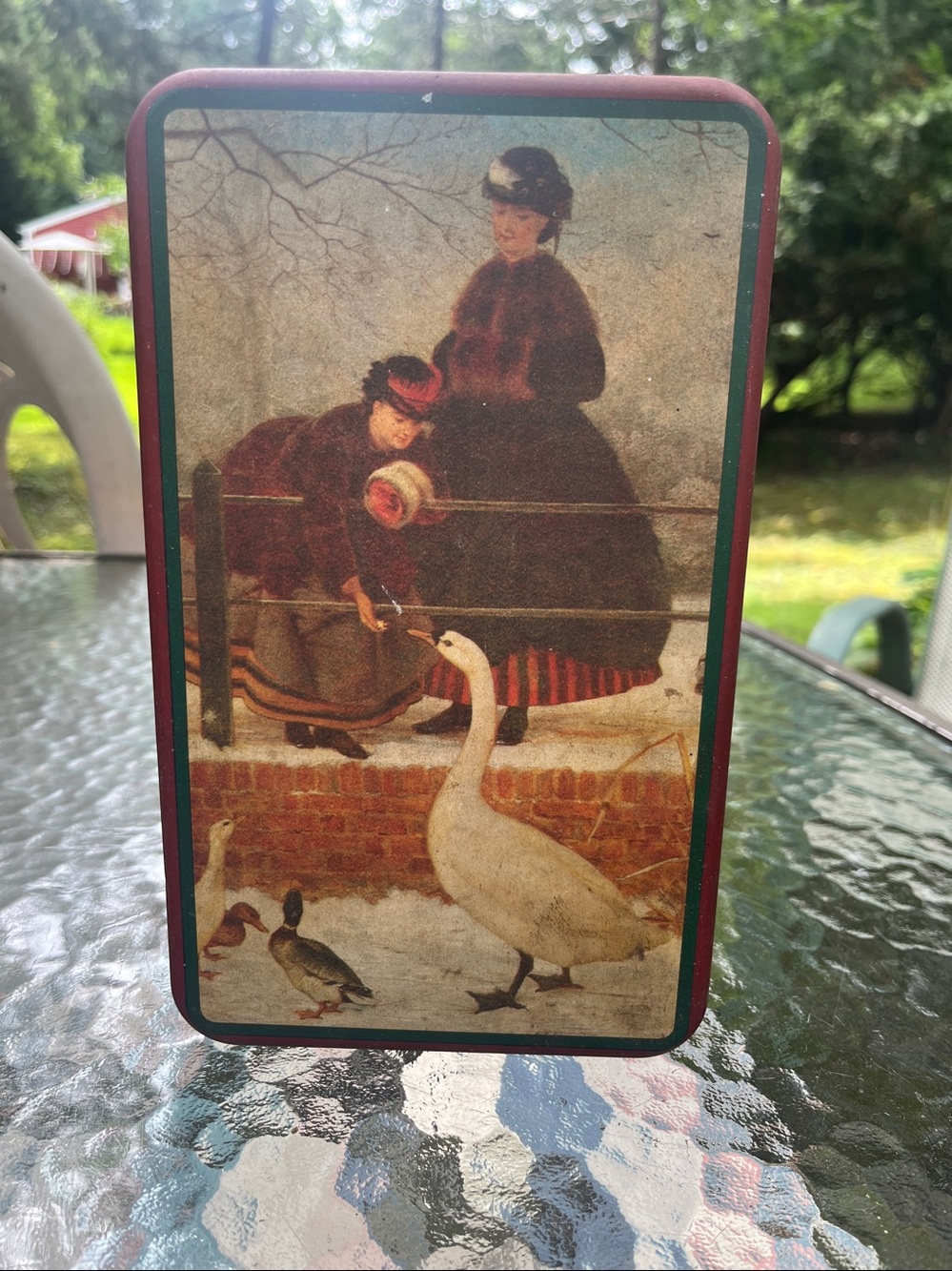 Vintage House of Lloyd Red Metal Tin 1992 Geese Ducks Victorian Women Winter